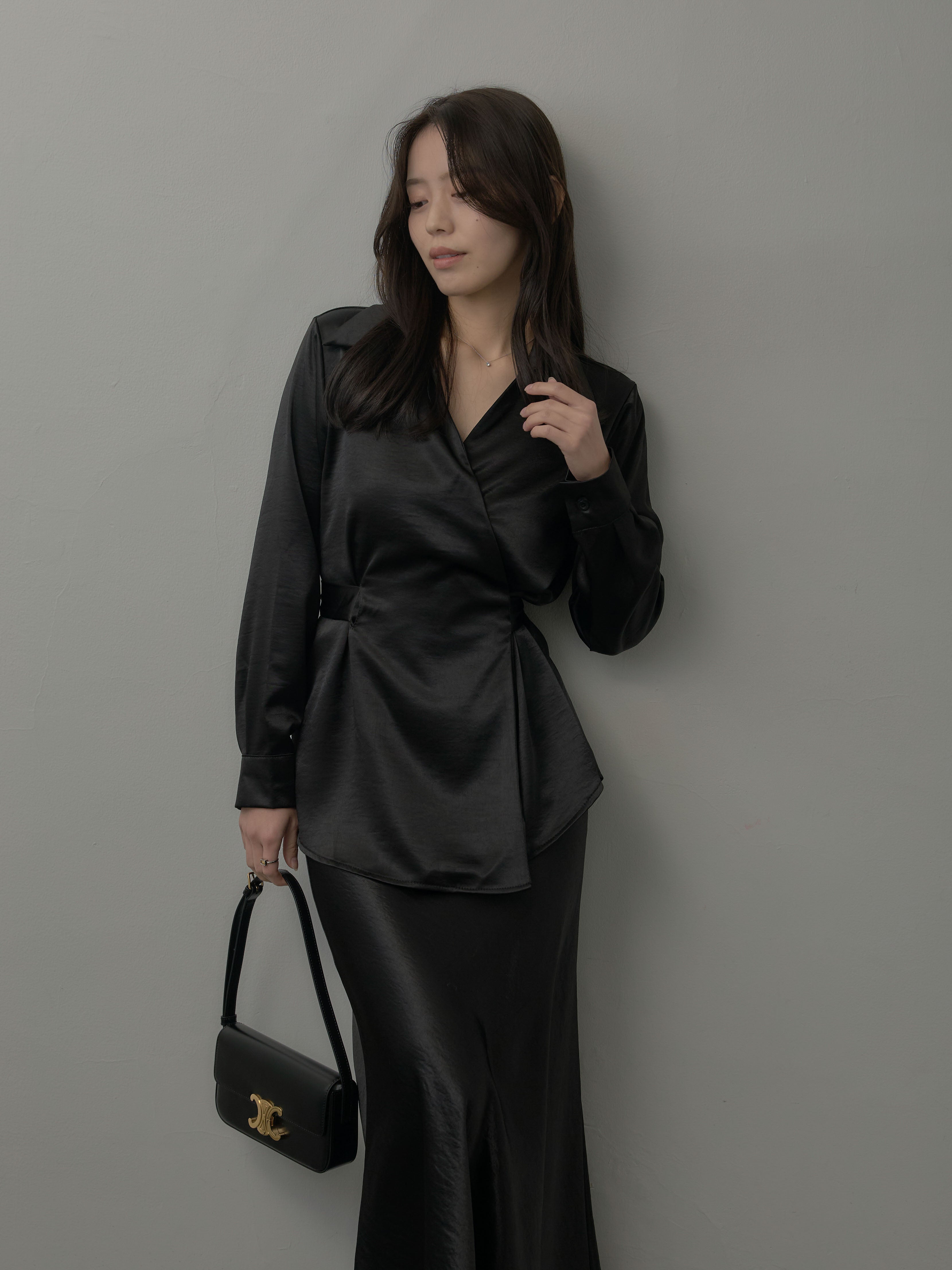 SET】ウエストベルトサテンVネックシャツ+ナローAラインサテンスカート