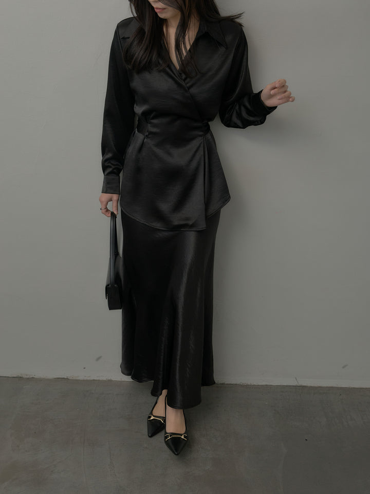 【SET】ウエストベルトサテンVネックシャツ+ナローAラインサテンスカート(2set)