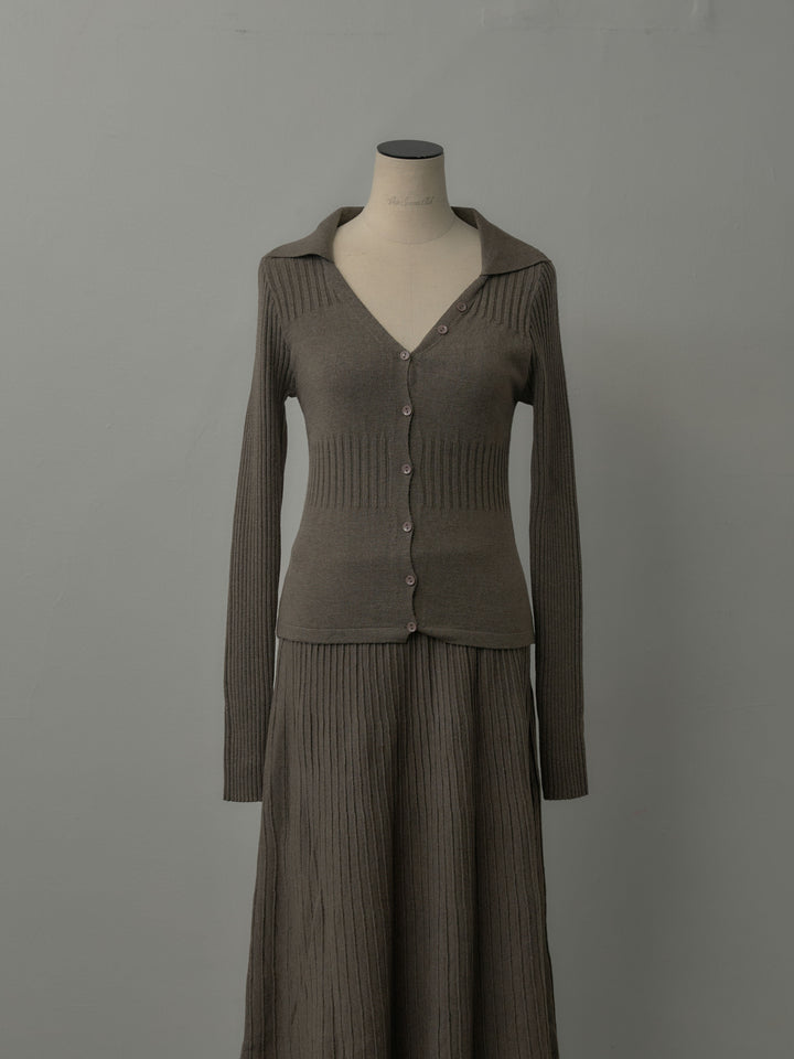 デザインリブポロ襟ニットトップス&ロングスカートSET UP