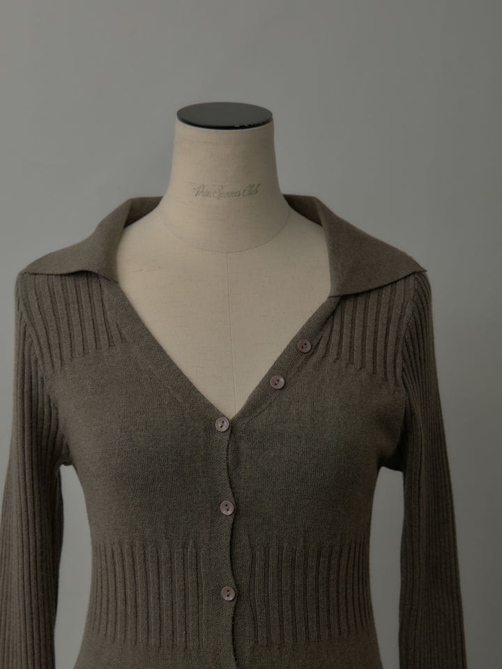 デザインリブポロ襟ニットトップス&ロングスカートSET UP