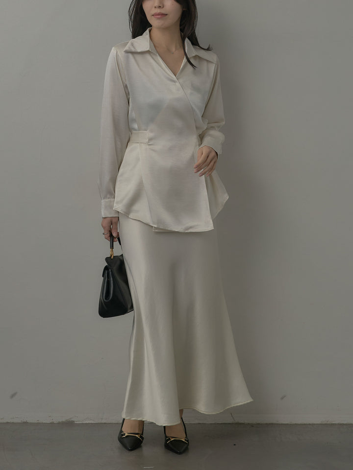 ウエストベルトサテンVネックシャツ