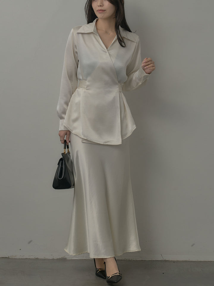 【SET】ウエストベルトサテンVネックシャツ+ナローAラインサテンスカート(2set)