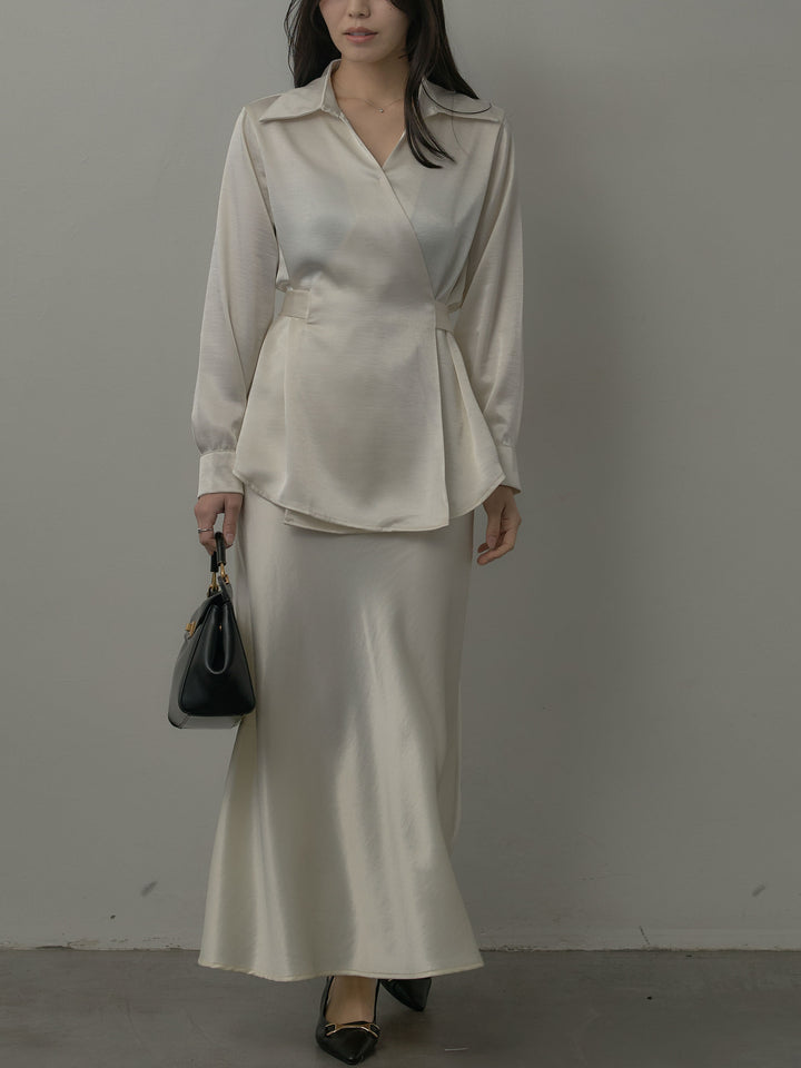 ウエストベルトサテンVネックシャツ