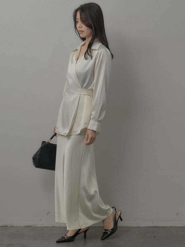 ウエストベルトサテンVネックシャツ