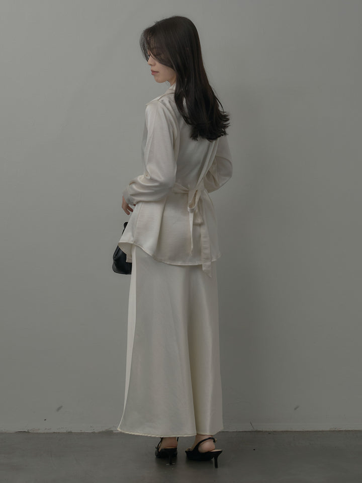 ウエストベルトサテンVネックシャツ