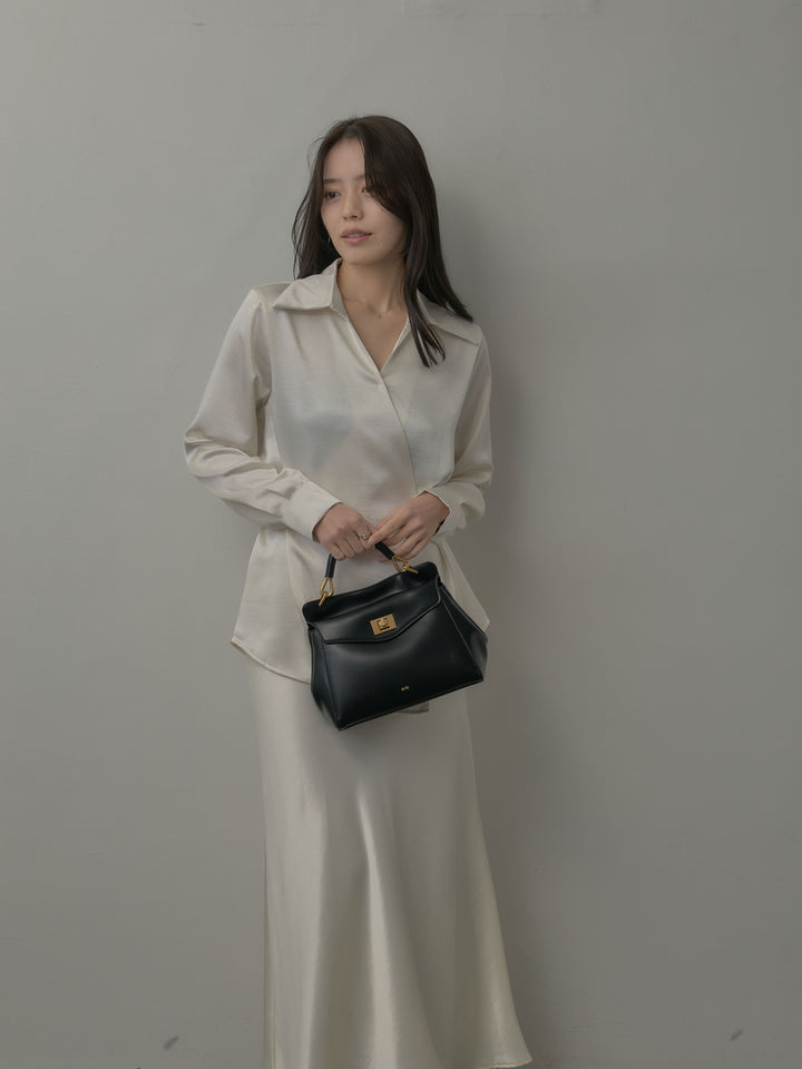 ウエストベルトサテンVネックシャツ