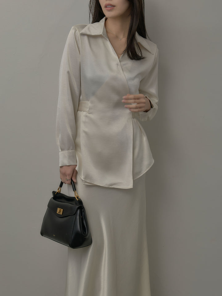 ウエストベルトサテンVネックシャツ