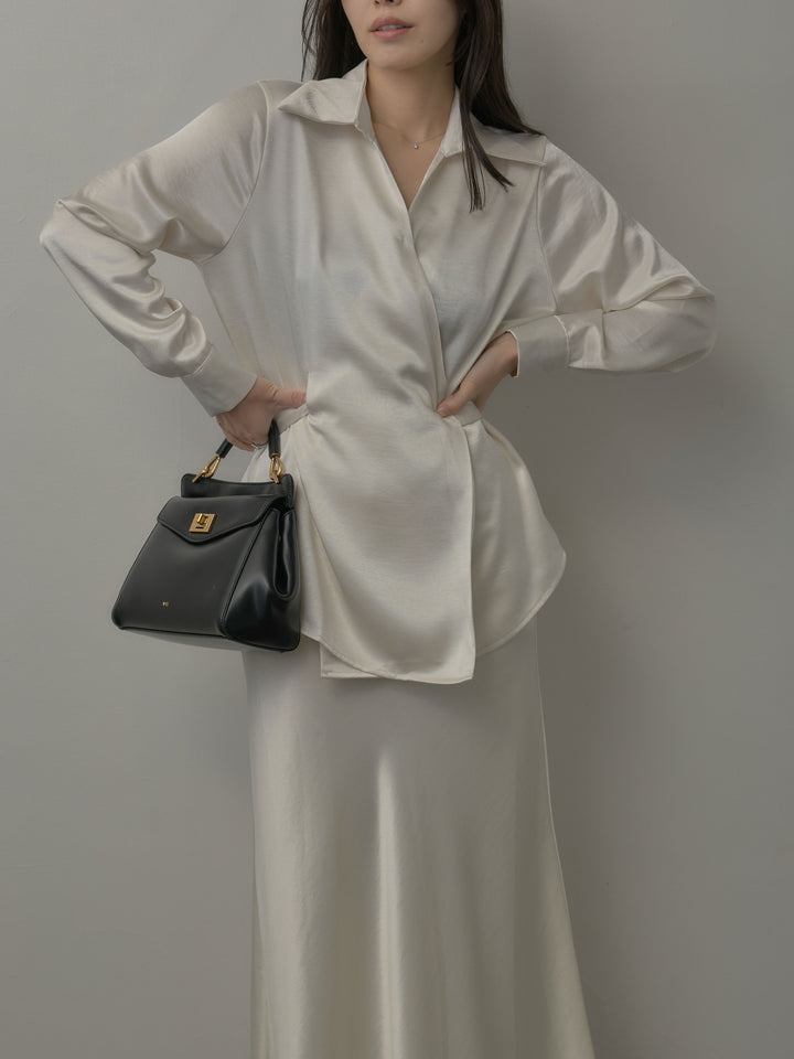 ウエストベルトサテンVネックシャツ