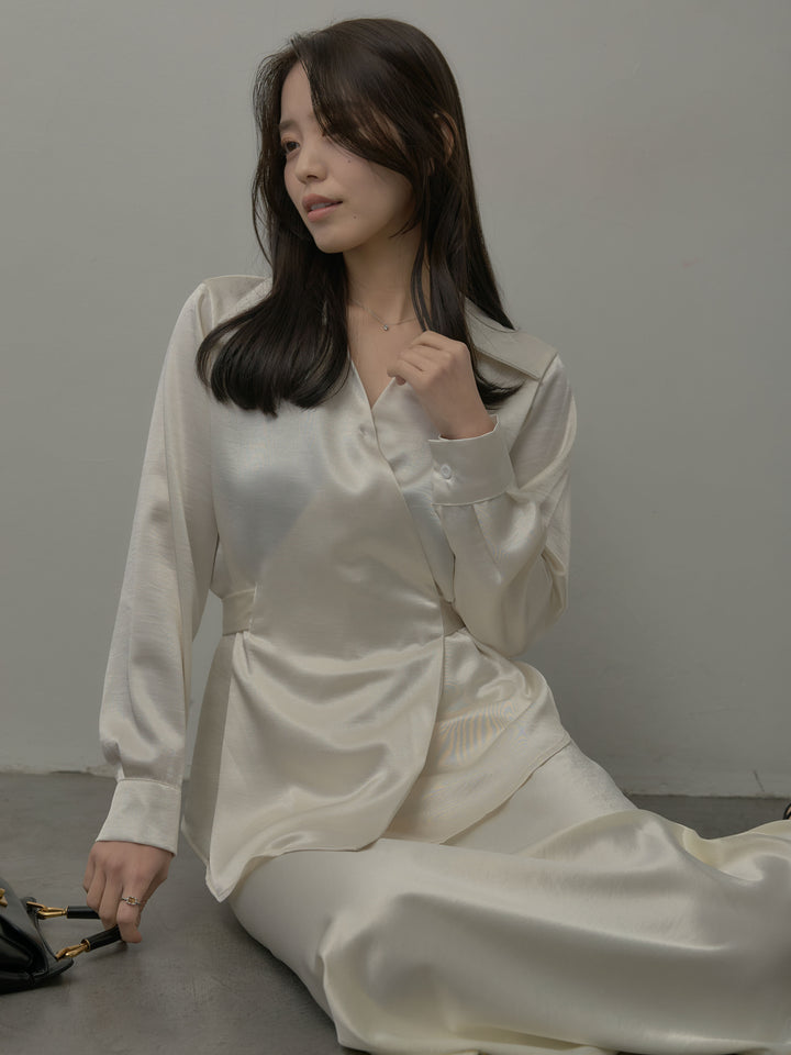 ウエストベルトサテンVネックシャツ