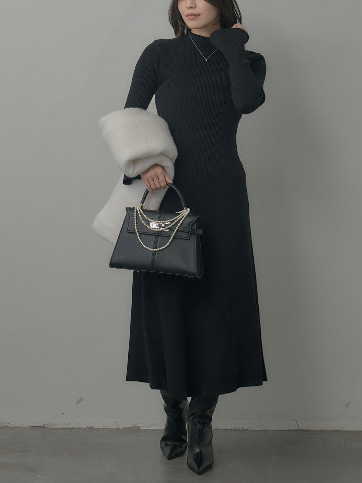 プチネックロングリブニットワンピース