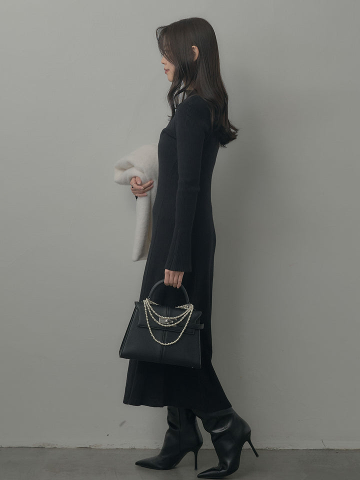 プチネックロングリブニットワンピース