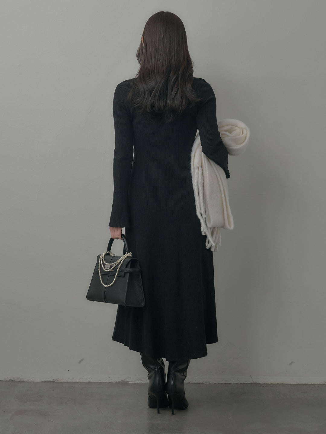 プチネックロングリブニットワンピース