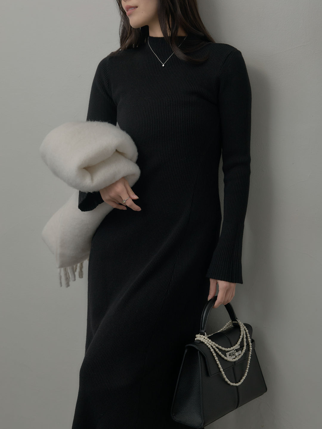 プチネックロングリブニットワンピース