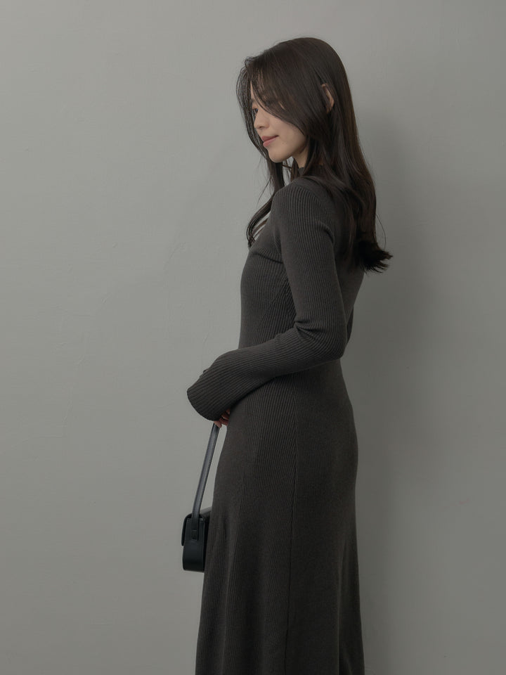 プチネックロングリブニットワンピース