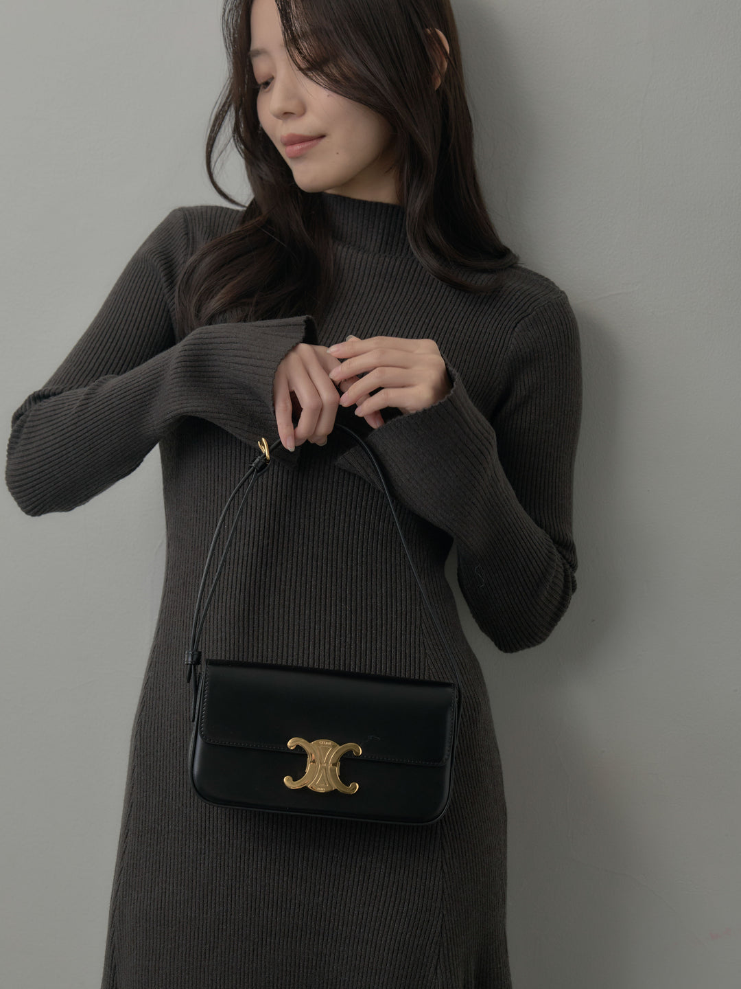 プチネックロングリブニットワンピース