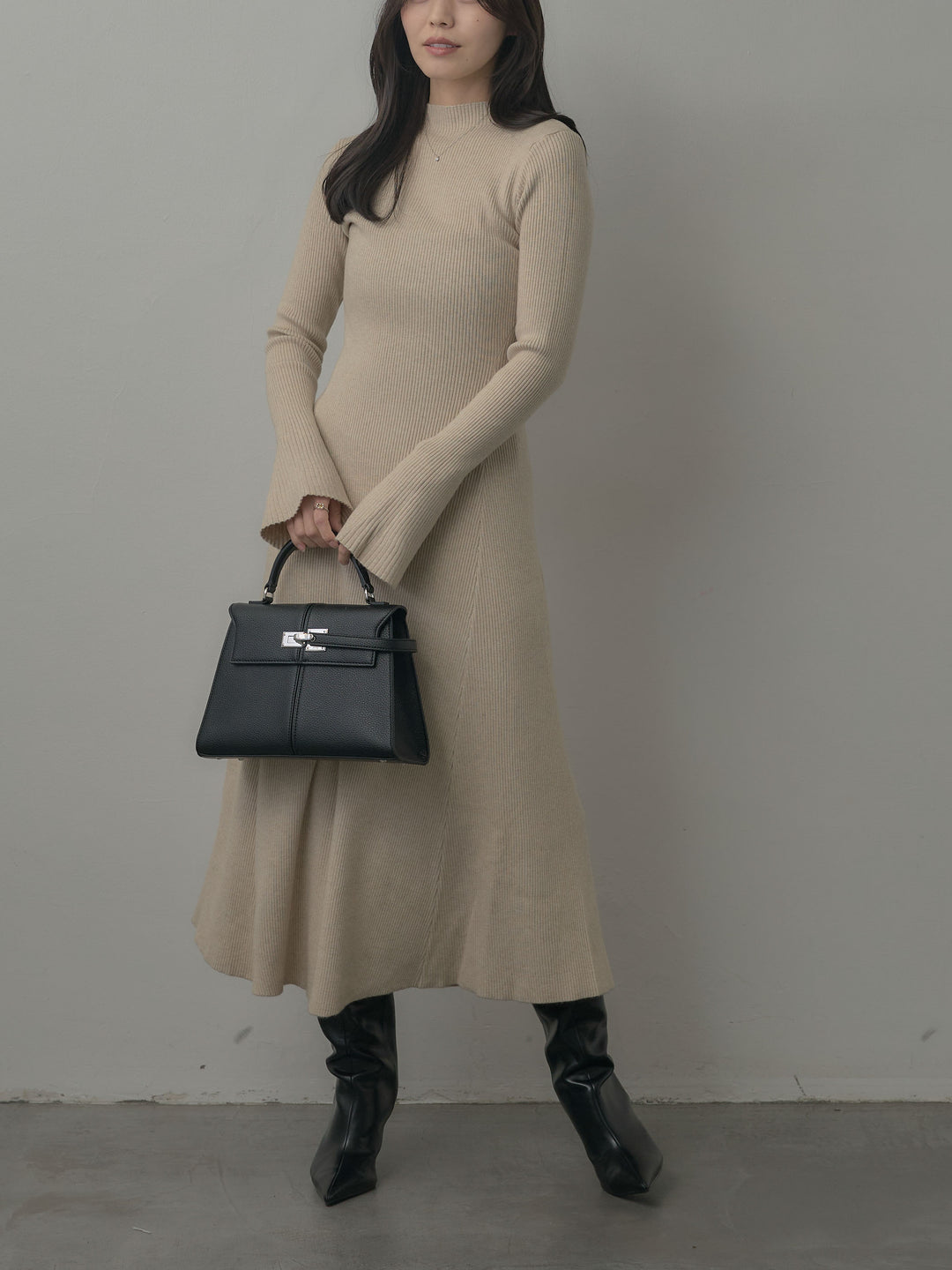 プチネックロングリブニットワンピース