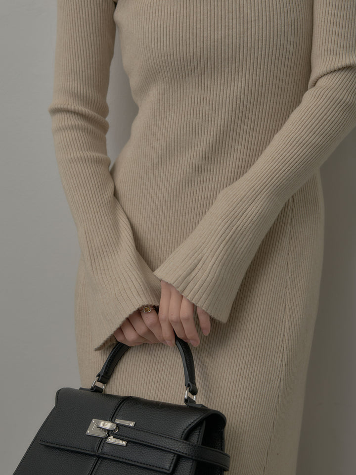 プチネックロングリブニットワンピース