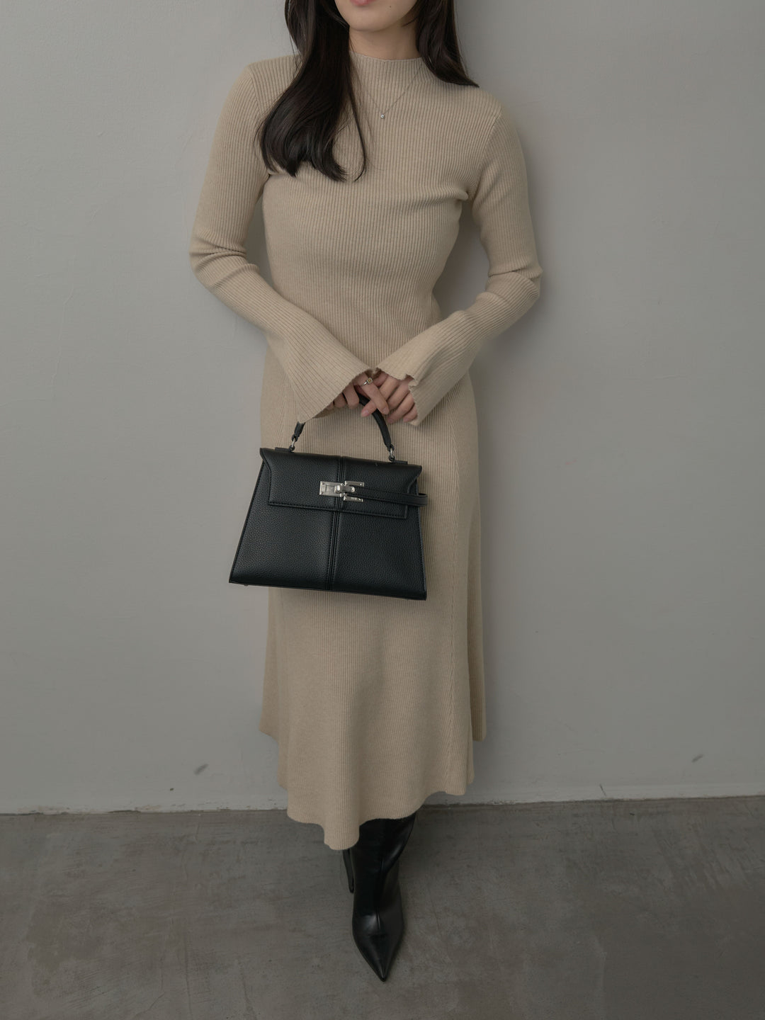 プチネックロングリブニットワンピース