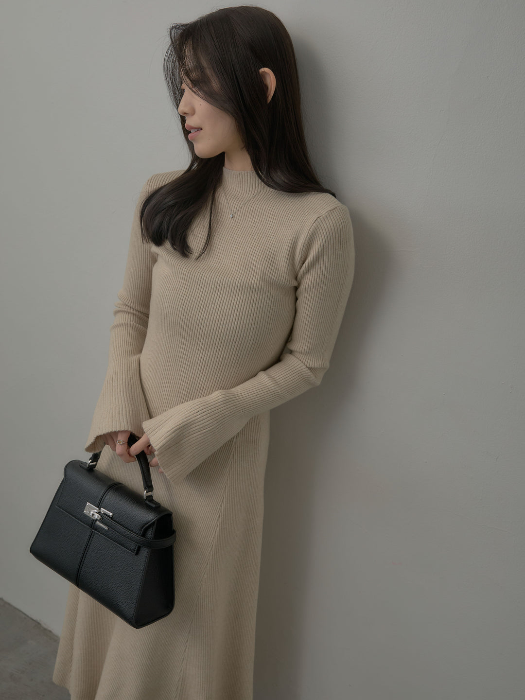 プチネックロングリブニットワンピース