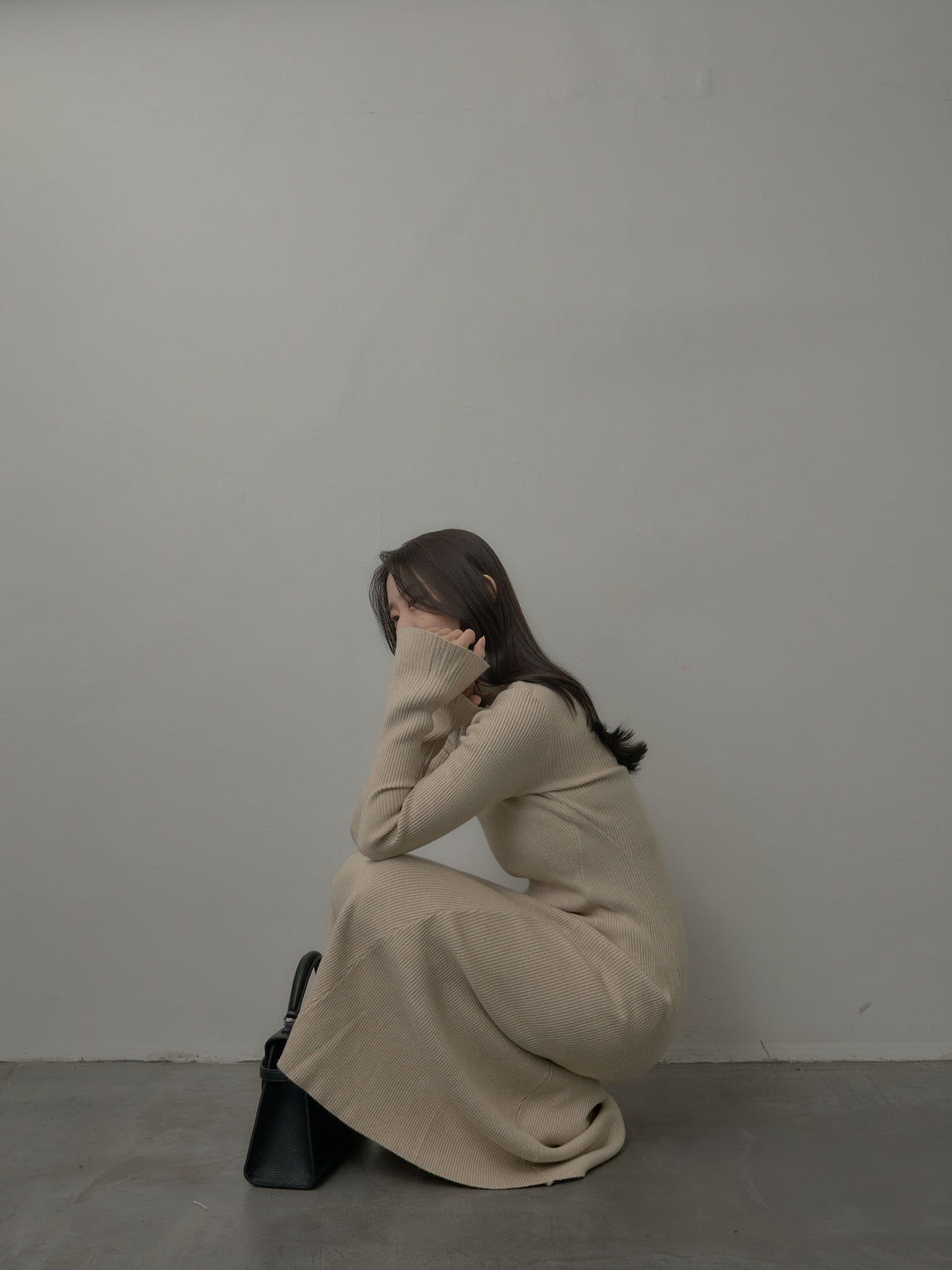 プチネックロングリブニットワンピース