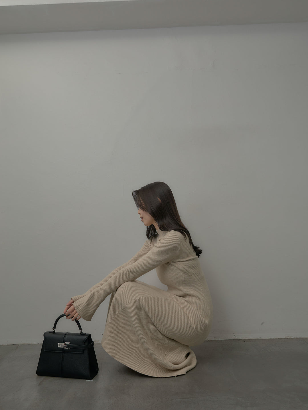 プチネックロングリブニットワンピース