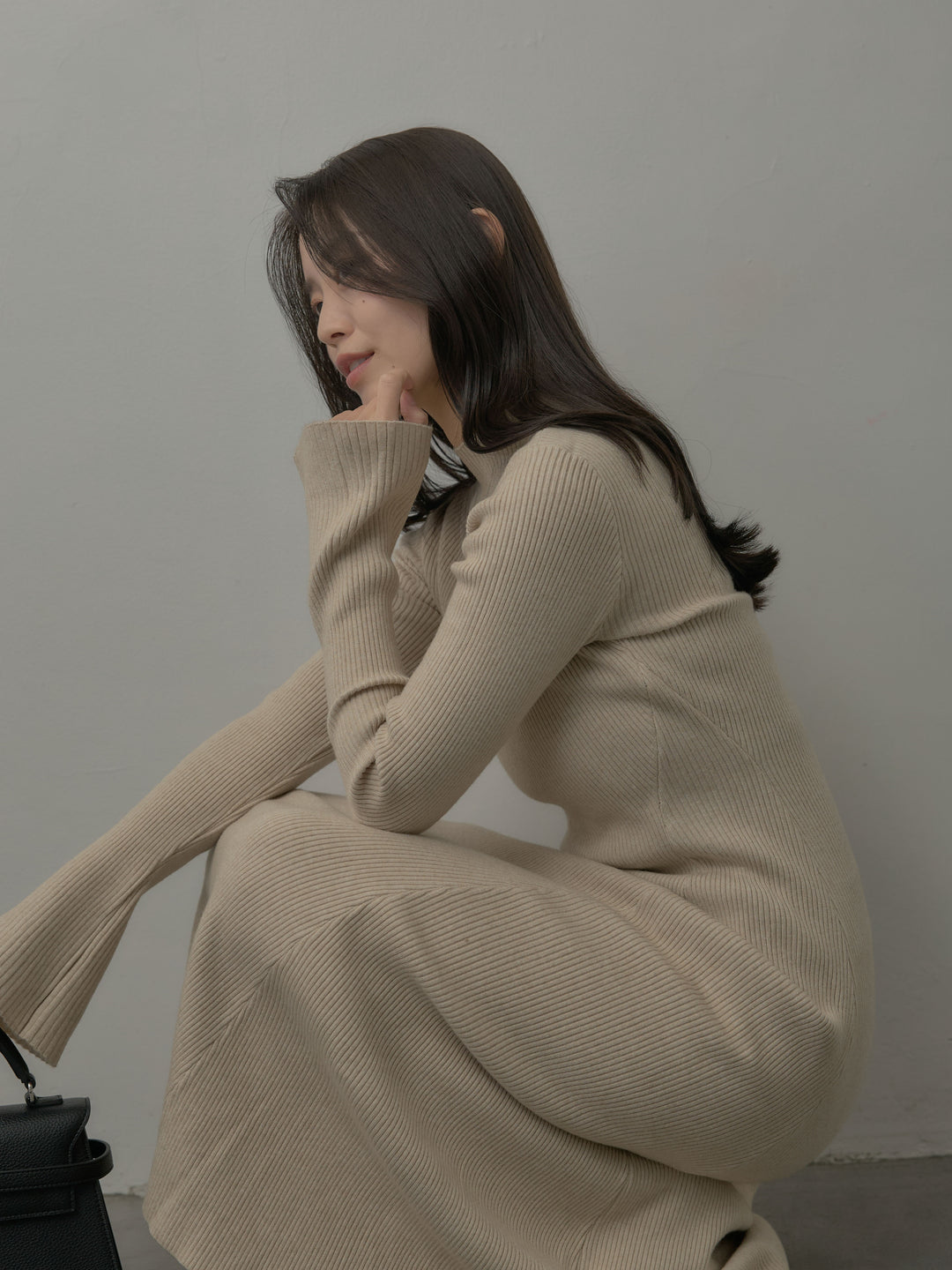 プチネックロングリブニットワンピース