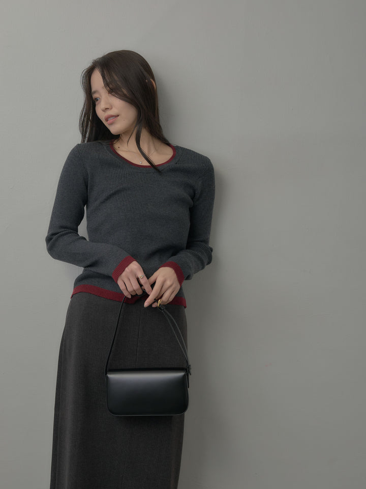 【SET】配色ラウンドネックニットトップス+ウールタッチフロントポケットデザインIラインスカート(2set)