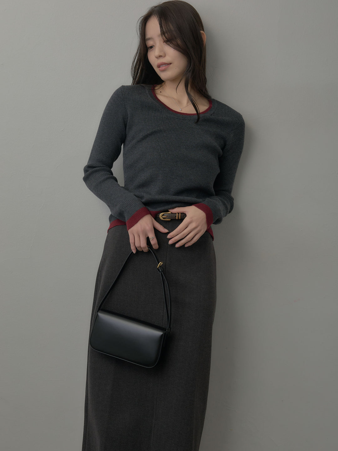 配色ラウンドネックニットトップス