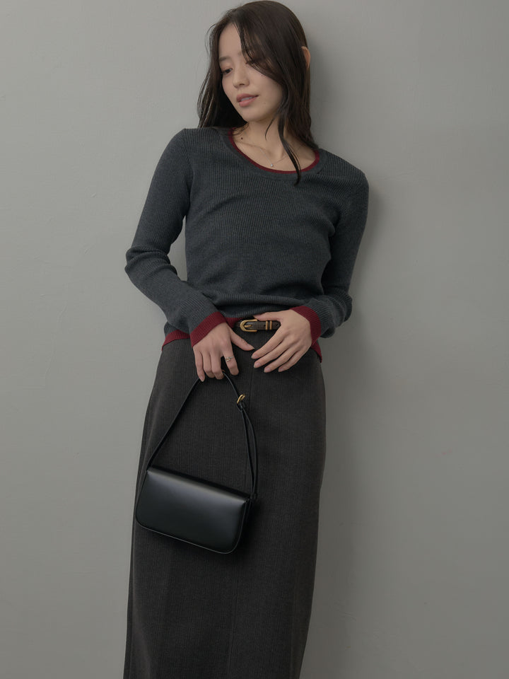 【SET】配色ラウンドネックニットトップス+ウールタッチフロントポケットデザインIラインスカート(2set)