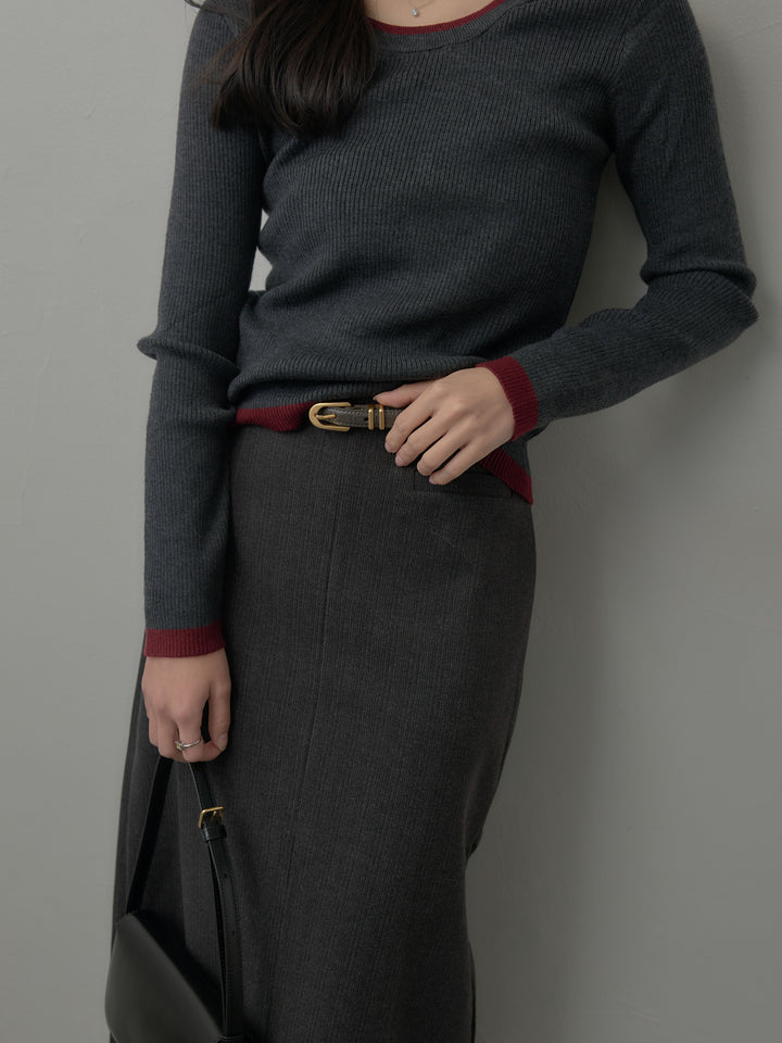 配色ラウンドネックニットトップス