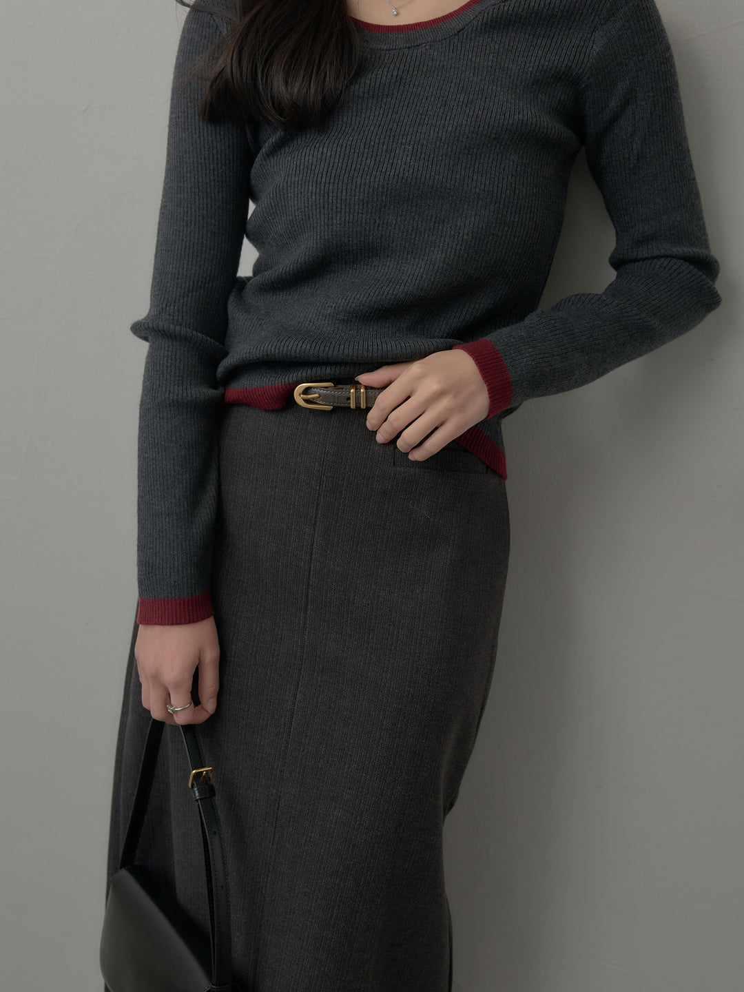 【SET】配色ラウンドネックニットトップス+ウールタッチフロントポケットデザインIラインスカート(2set)