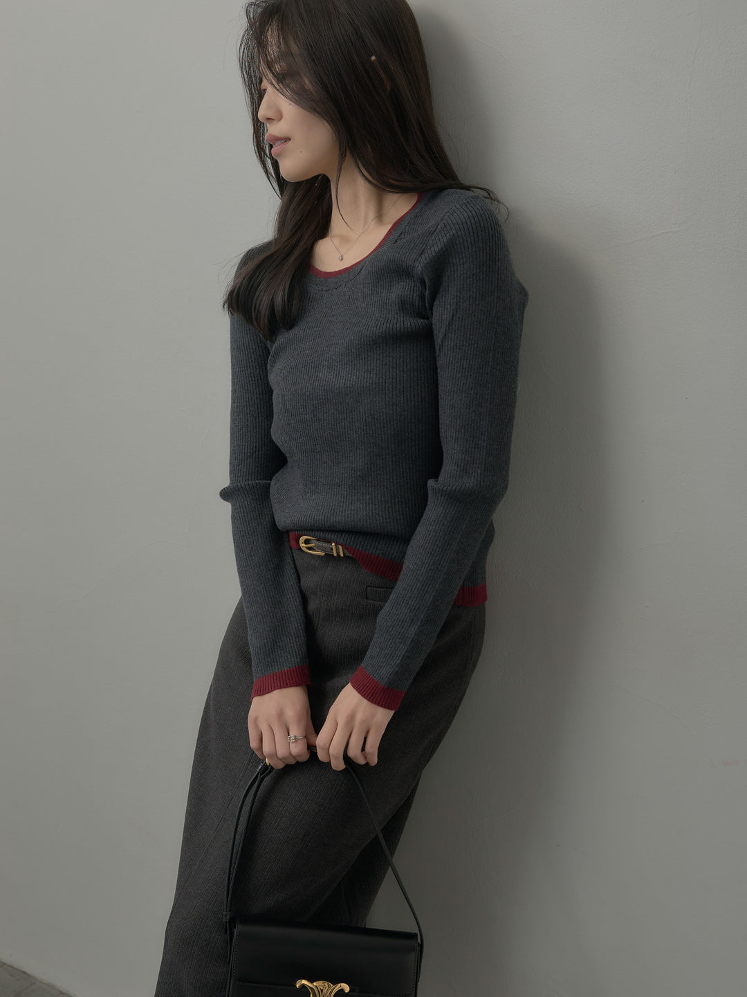 ウールタッチフロントポケットデザインIラインスカート