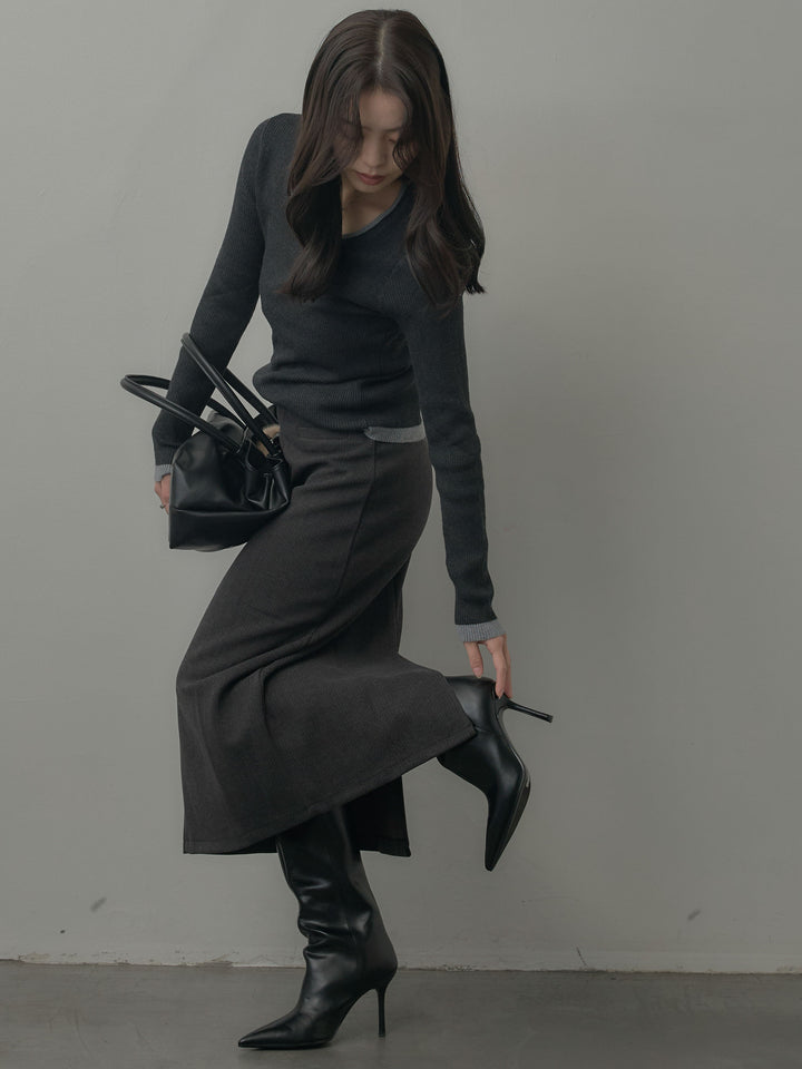 【SET】配色ラウンドネックニットトップス+ウールタッチフロントポケットデザインIラインスカート(2set)