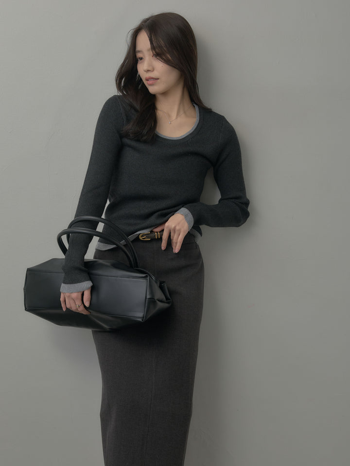 配色ラウンドネックニットトップス