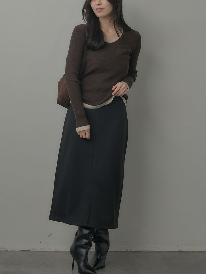 【SET】配色ラウンドネックニットトップス+ウールタッチフロントポケットデザインIラインスカート(2set)