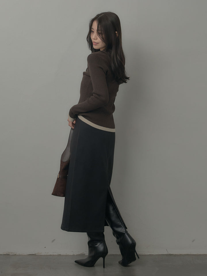 【SET】配色ラウンドネックニットトップス+ウールタッチフロントポケットデザインIラインスカート(2set)