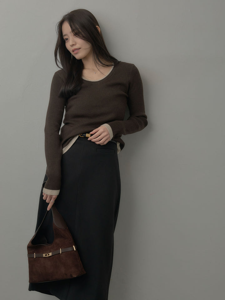 配色ラウンドネックニットトップス