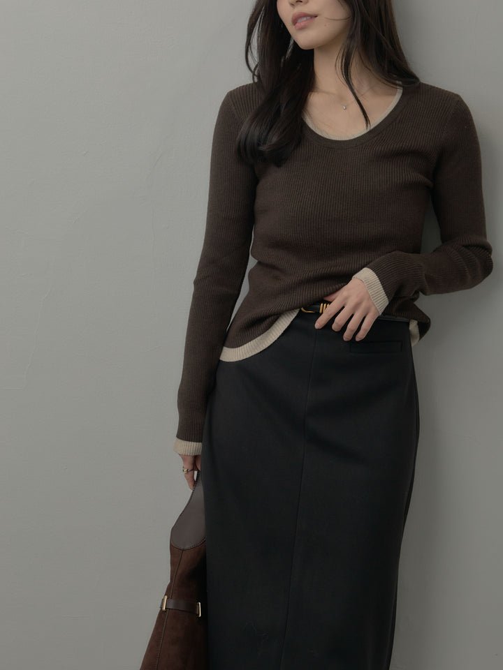 配色ラウンドネックニットトップス