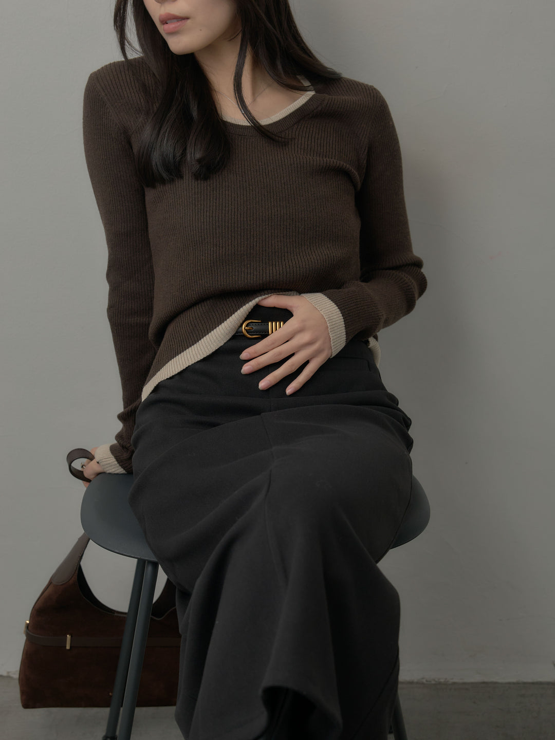 配色ラウンドネックニットトップス