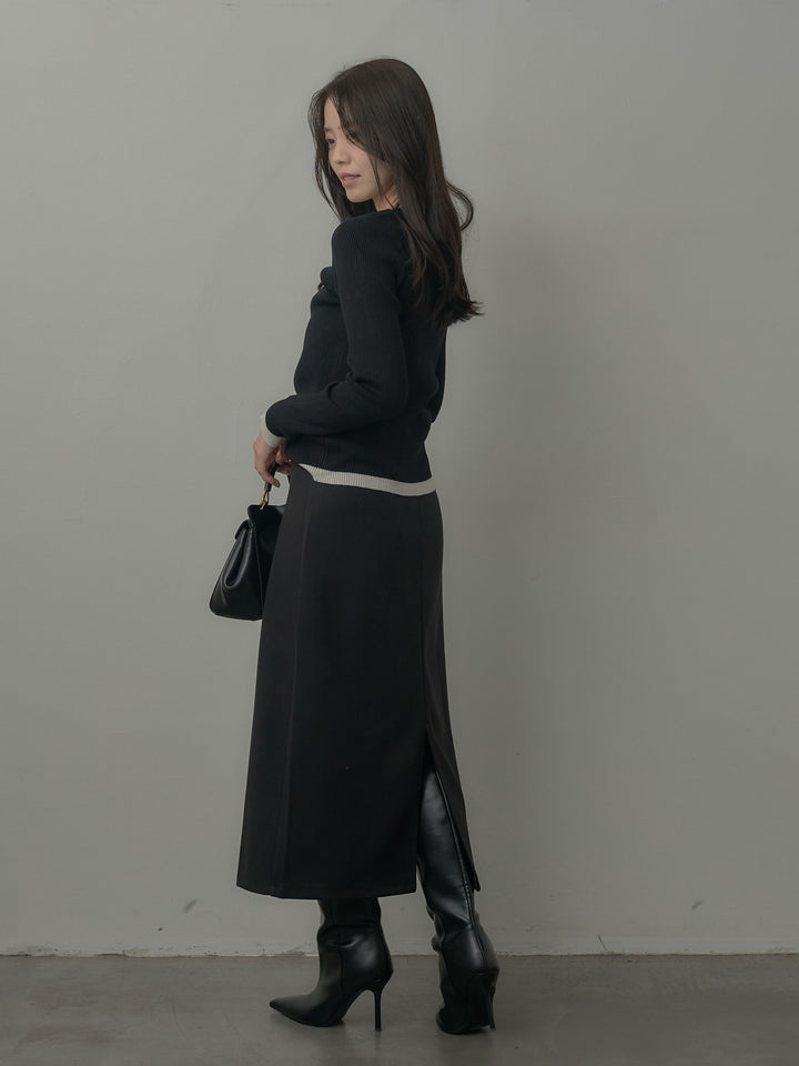 【SET】配色ラウンドネックニットトップス+ウールタッチフロントポケットデザインIラインスカート(2set)