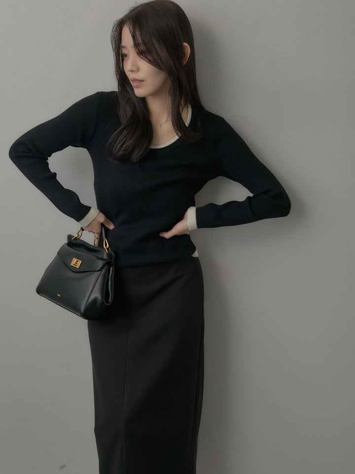 【SET】配色ラウンドネックニットトップス+ウールタッチフロントポケットデザインIラインスカート(2set)