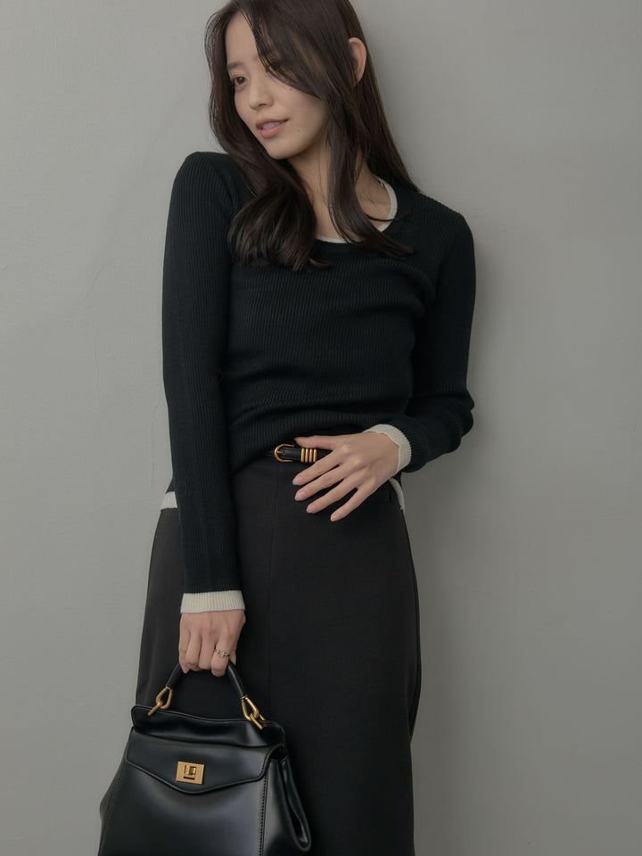 配色ラウンドネックニットトップス