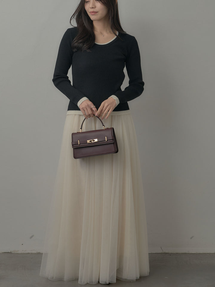 【SET】配色ラウンドネックニットトップス+ボリュームチュールスカート(2set)