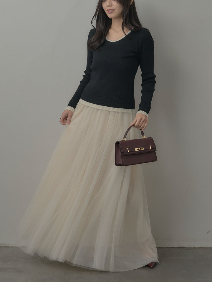 【SET】配色ラウンドネックニットトップス+ボリュームチュールスカート(2set)