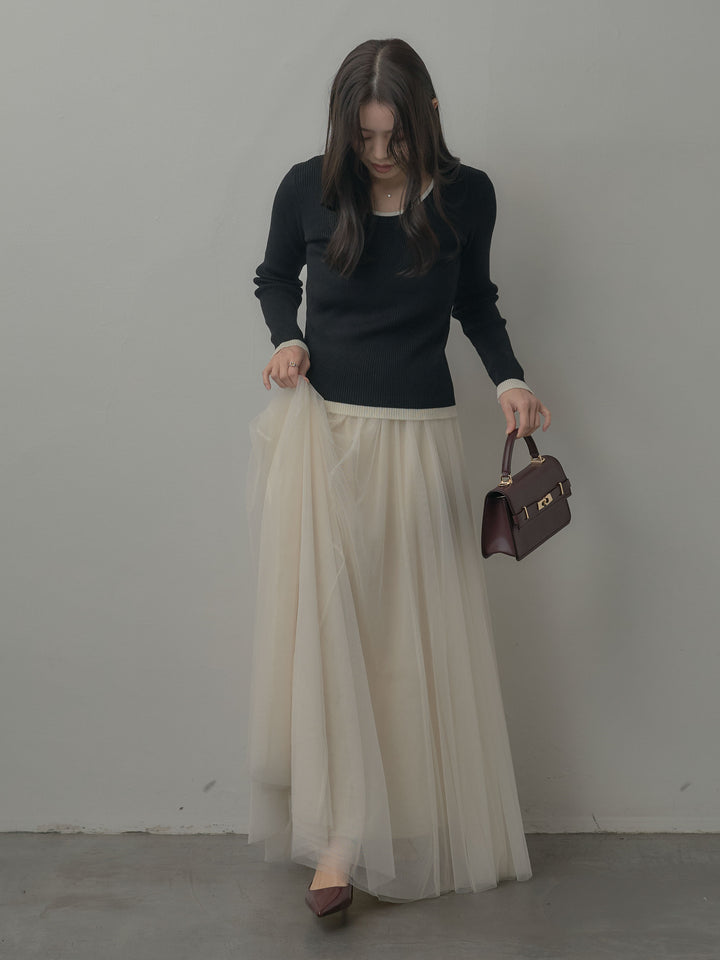 【SET】配色ラウンドネックニットトップス+ボリュームチュールスカート(2set)