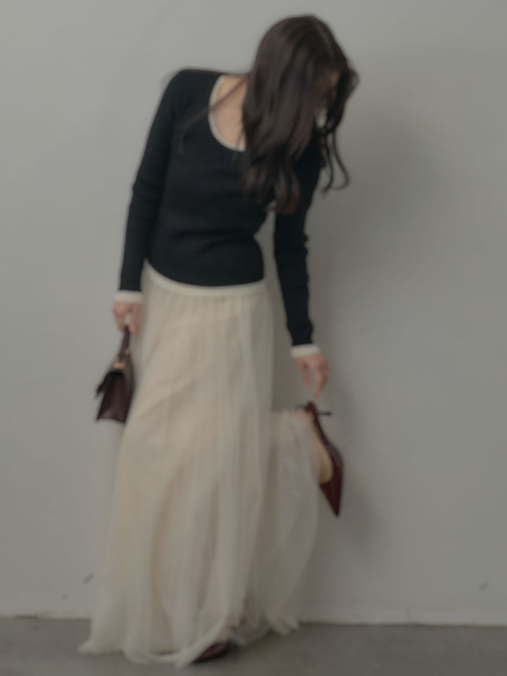 【SET】配色ラウンドネックニットトップス+ボリュームチュールスカート(2set)