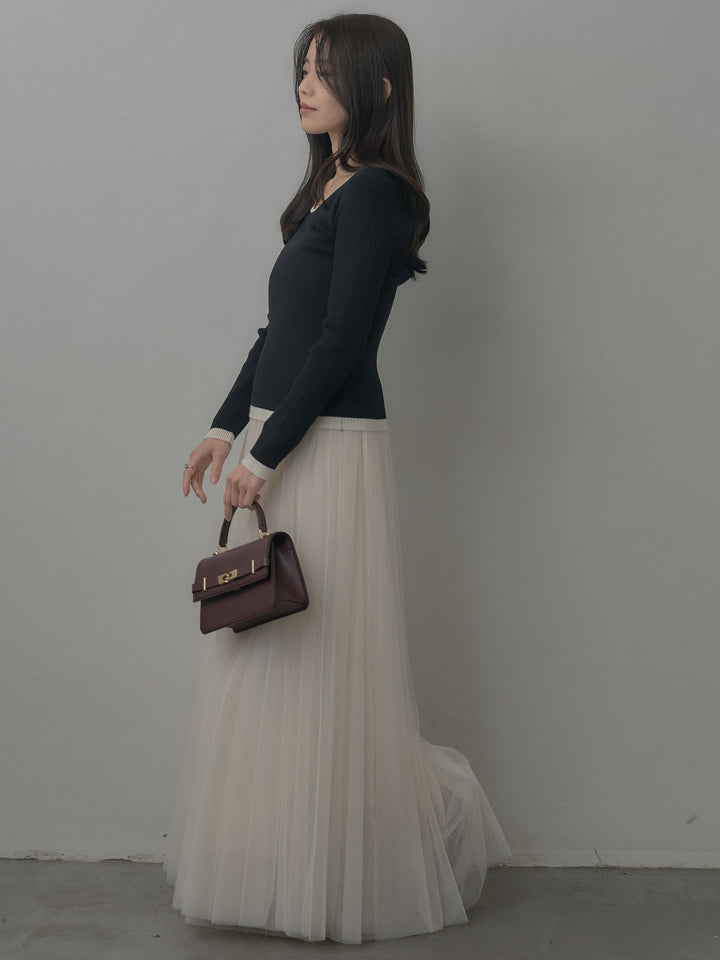 【SET】配色ラウンドネックニットトップス+ボリュームチュールスカート(2set)