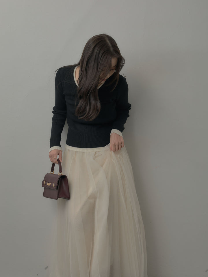 【SET】配色ラウンドネックニットトップス+ボリュームチュールスカート(2set)