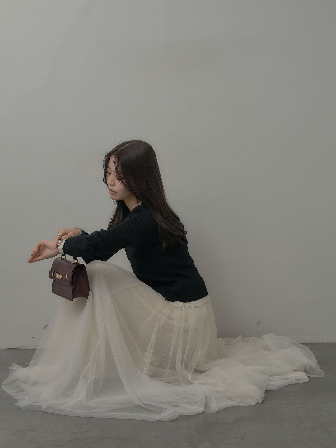 【SET】配色ラウンドネックニットトップス+ボリュームチュールスカート(2set)