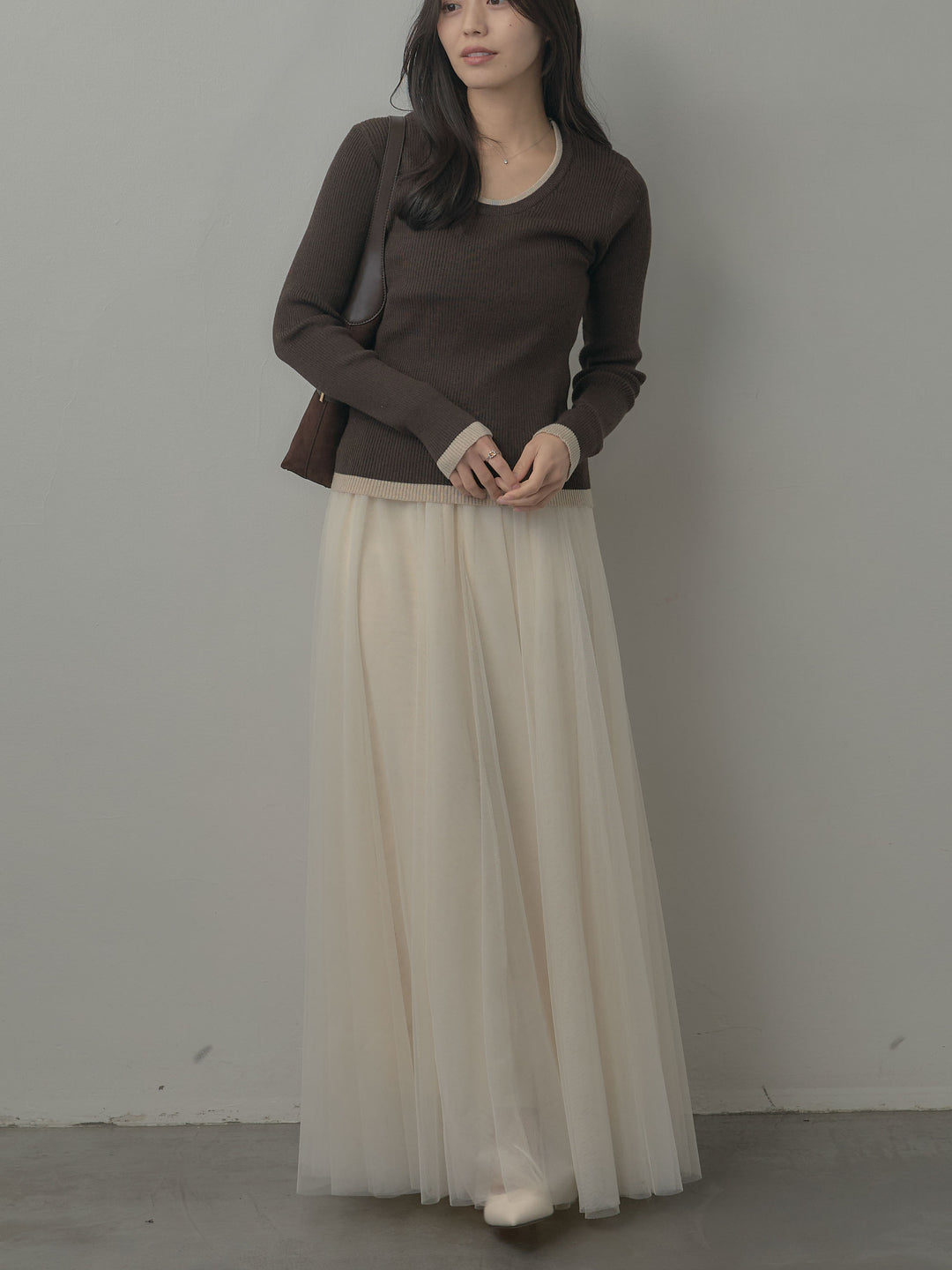 【SET】配色ラウンドネックニットトップス+ボリュームチュールスカート(2set)